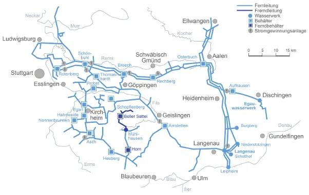 Eine Karte zeigt das Versorgungsgebiet der Landeswasserversorgung.