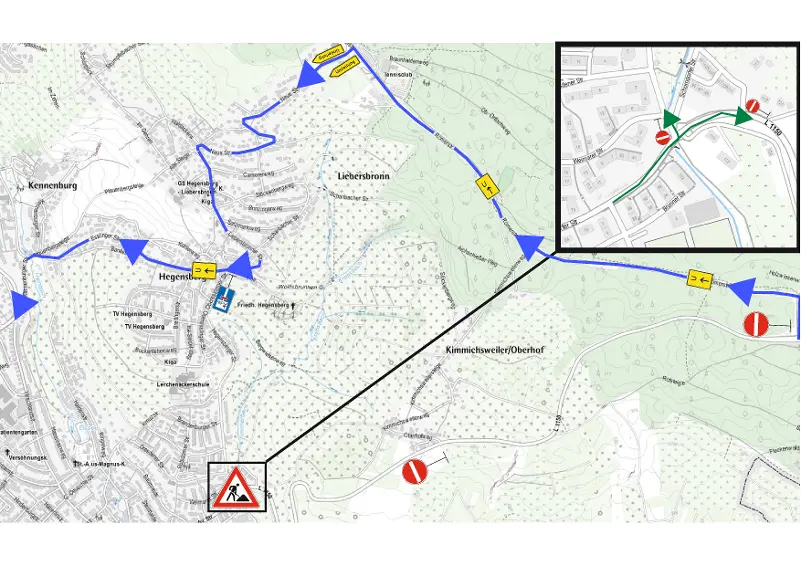 Ein Kartenausschnitt zeigt eine Umfahrungsstrecke zu einer Baustelle. Ein Kartenausschnitt zeigt eine Umfahrungsstrecke zu einer Baustelle.