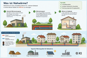 Das Bild zeigt eine Infografik. Darin wird Nahwärme erläutert.e